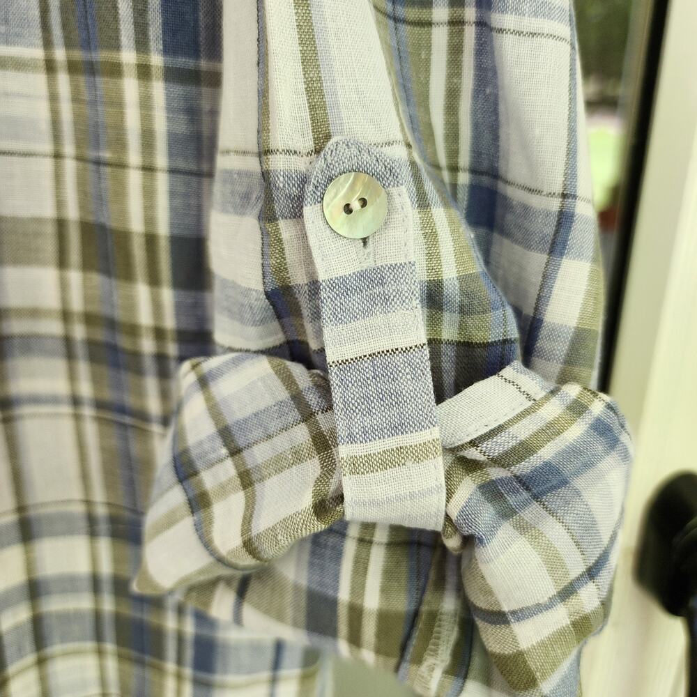 J.Jill Love Linen Size Large Blue Plaid Button Front Long Sleeve Shirt Pockets - Picture 12 of 12